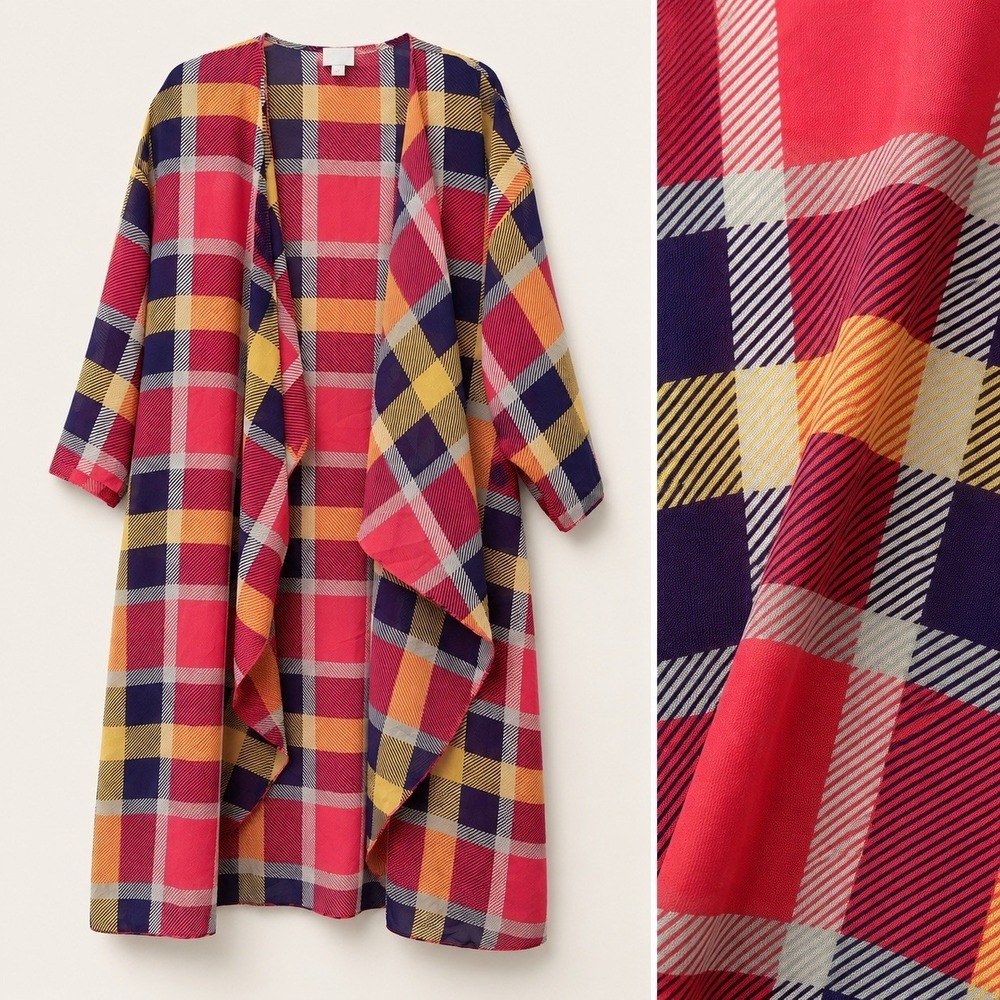 LuLaRoe Purple Pink Plaid Kimono Duster Open Front Sz L Sheer Boho Lightweight